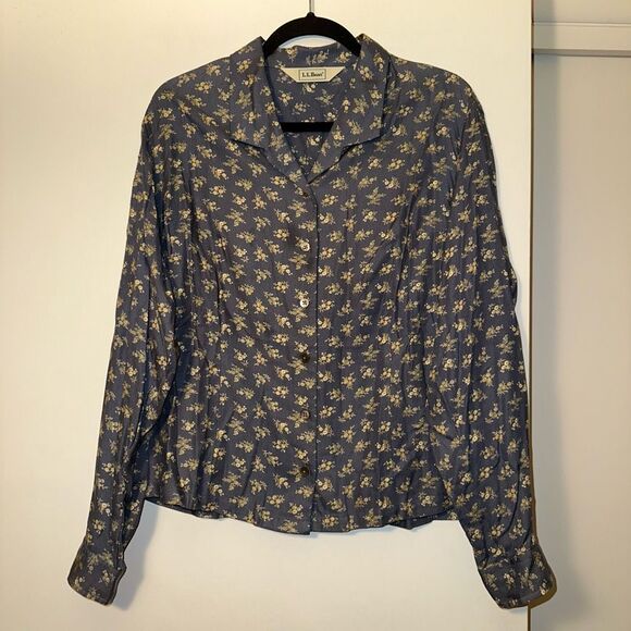 L.L. Bean 16 Blue Tan Floral Collared LS Button Down Collared Womens Shirt EUC - Picture 1 of 11